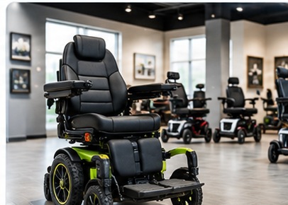 Powered wheelchair in a mobility equipment showroom